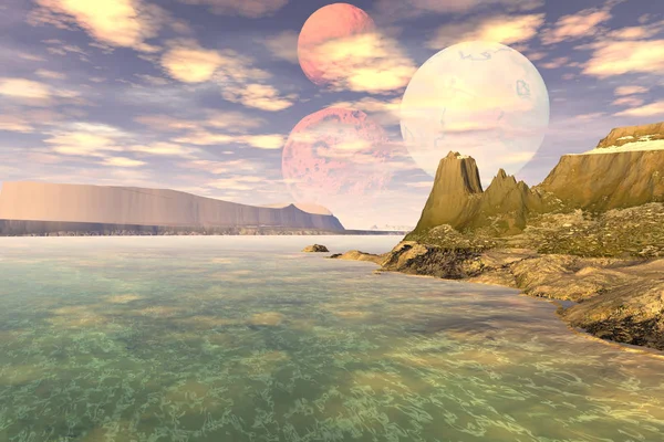 Fantezi uzaylı gezegeni. Dağ ve göl. 3B illüstrasyon