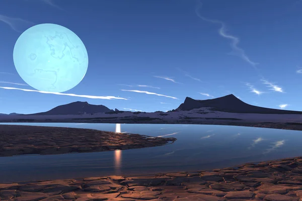 Фантазія інопланетної планети. Гора і озеро. 3D ілюстрація — стокове фото