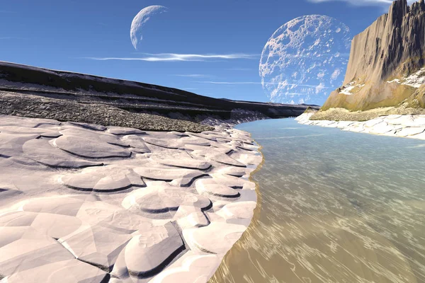 Fantasy alien planet. Mountain and lake. 3D illustration — Stock Photo, Image