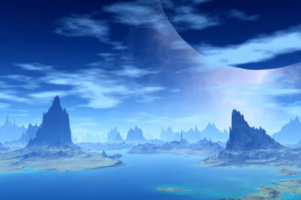 Fantasy alien planet. Mountain and lake. 3D illustration — Stock Photo, Image