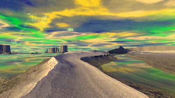 Fantazie mimozemské planety. Hora a jezero. 3D ilustrace — Stock fotografie