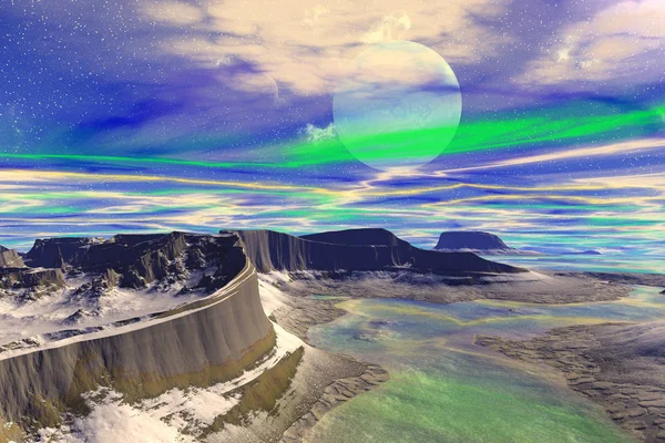 Fantezi uzaylı gezegeni. Dağ ve göl. 3B illüstrasyon — Stok fotoğraf