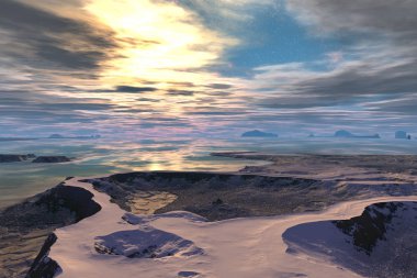 Yabancı gezegen. Güneş doğuyor. 3D çizim