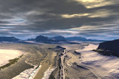 Fantezi uzaylı gezegeni. Dağ ve göl. 3B illüstrasyon