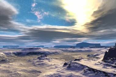 Yabancı gezegen. Güneş doğuyor. 3D çizim