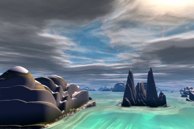 Yabancı gezegen. Güneş doğuyor. 3D çizim