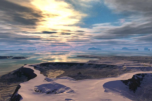 Yabancı gezegen. Güneş doğuyor. 3D çizim