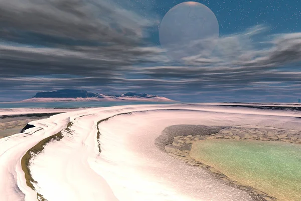 판타지 외계 행성. 산 과 호수. 3D 삽화 — 스톡 사진