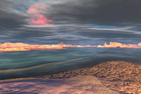 Buitenaardse planeet. Sunrise. 3D illustratie — Stockfoto