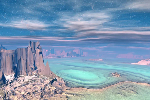 Fantasy buitenaardse planeet. Berg en meer. 3D illustratie — Stockfoto