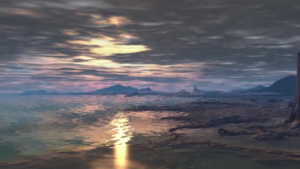 ファンタジー エイリアンの惑星。山と湖。アニメーション — ストック動画