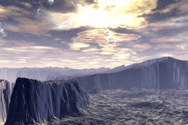 Yabancı gezegen. Kayalar ve gökyüzü. 3D render 