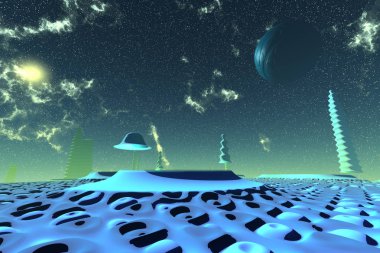 Yabancı gezegen. Kayalar ve çöl. 3D render