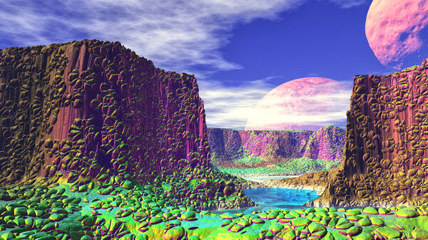 Mountain and lake. Landscape of stranger planet. 3D illustration