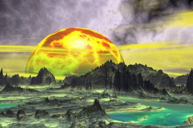 Fantezi uzaylı gezegenine. Kayalar ve göl. 3D render 