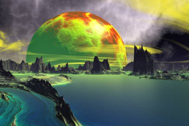 Fantezi uzaylı gezegenine. Kayalar ve göl. 3D render 