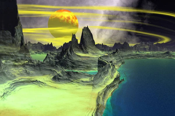 판타지 외계 행성입니다. 바위 그리고 호수입니다. 3 차원 렌더링 — 스톡 사진