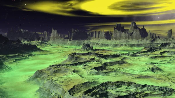 Fantasie außerirdischer Planet. Felsen und Himmel. 3D-Darstellung — Stockfoto