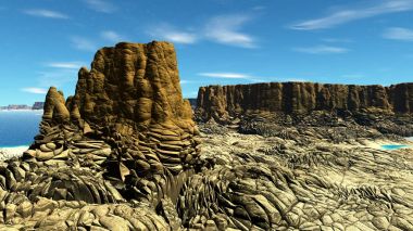 Yabancı gezegen. Kayalar ve göl. 3D render 