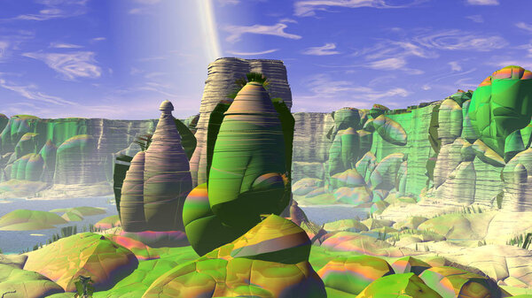 Alien Planet. Rocks and  lake. 3D rendering 