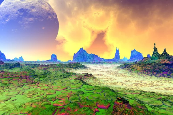 Планета пришельцев. Скалы и небо. 3D рендеринг — стоковое фото