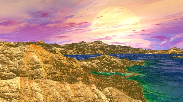 Planeta Alienígena. Pedras e lago. Renderização 3D — Fotografia de Stock