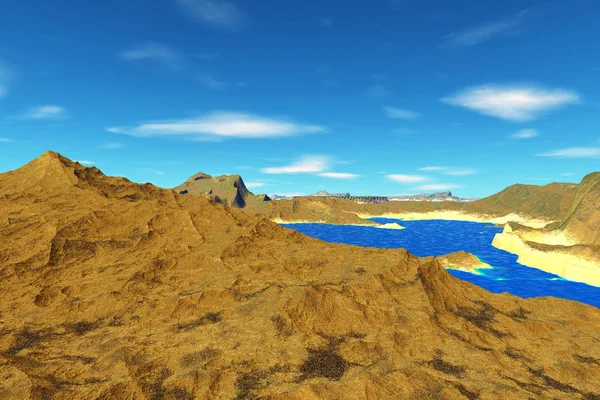 Планета пришельцев. Камни и озеро. 3D рендеринг — стоковое фото