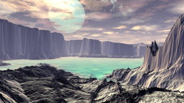 Yabancı gezegen. Dağ ve su. 3D render 