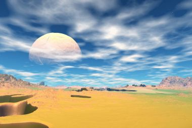 Yabancı gezegen. Kayalar ve gökyüzü. 3D render  