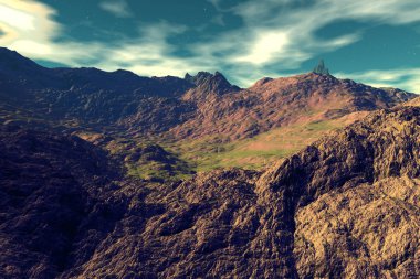 Yabancı gezegen. Kayalar ve gökyüzü. 3D render  