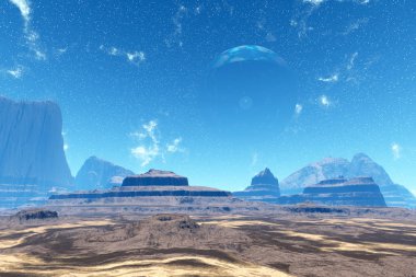 Yabancı gezegen. Kayalar ve gökyüzü. 3D render  