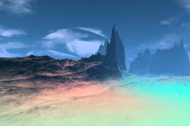 Yabancı gezegen. Kayalar ve gökyüzü. 3D render  