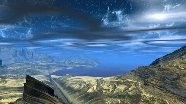 외계인 행성입니다. 산 그리고 물입니다. 3 차원 렌더링 — 스톡 사진