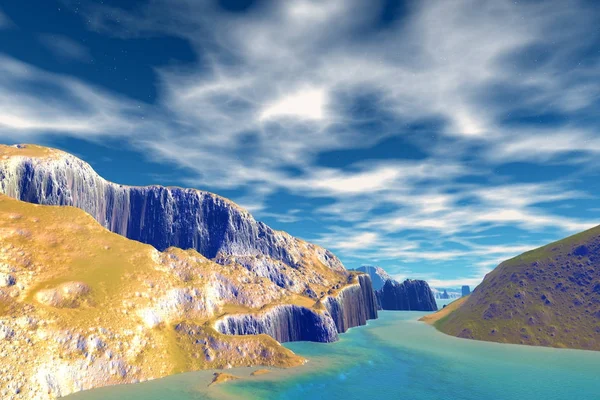 Buitenaardse planeet. Berg en water. 3D-rendering — Stockfoto