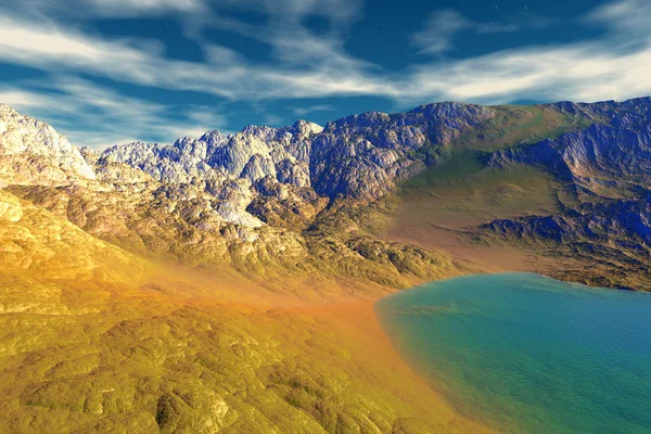 Alien Planet. Mountain and  water. 3D rendering