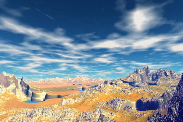 Planeta Extraterrestre. Rocas y cielo. Renderizado 3D —  Fotos de Stock