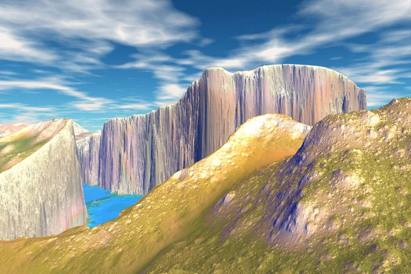 Främmande Planet. Berg och vatten. 3D-rendering — Stockfoto