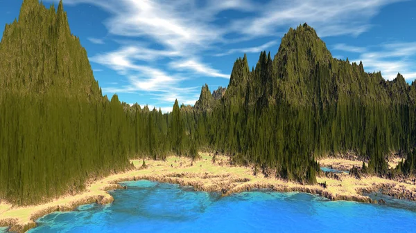 Planeta Extraterrestre. Montaña y agua. Renderizado 3D — Foto de Stock