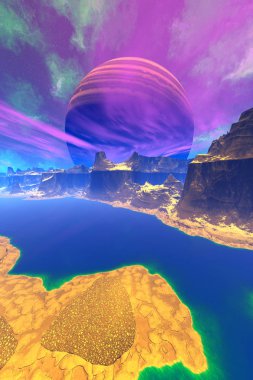 Yabancı gezegen. Dağ ve su. 3D render 