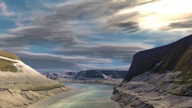 Yabancı gezegen. Dağ ve su. 3D render 