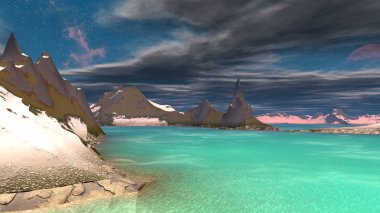Yabancı gezegen. Dağ ve su. 3D render 