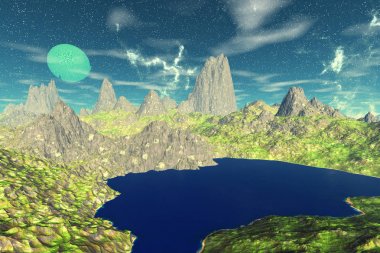 Yabancı gezegen. Dağ ve su. 3D render 