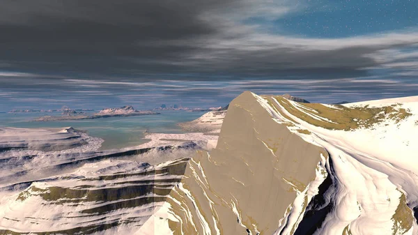 Cizí planety. Hory a voda. 3D vykreslování — Stock fotografie