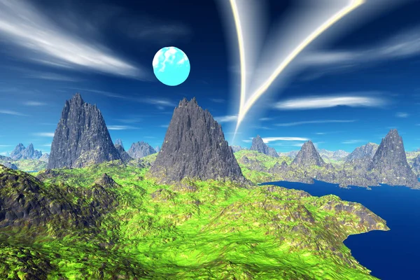 Планета пришельцев. Гора и вода. 3D рендеринг — стоковое фото