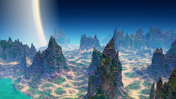 Εξωγήινο πλανήτη. Βουνό και νερό. 3D rendering — Φωτογραφία Αρχείου