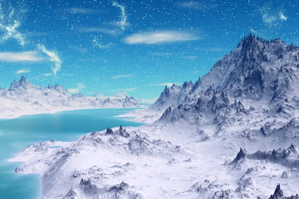 外星人星球山和水。3d 渲染 — 图库照片