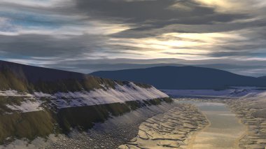 Yabancı gezegen. Dağ ve su. 3D render