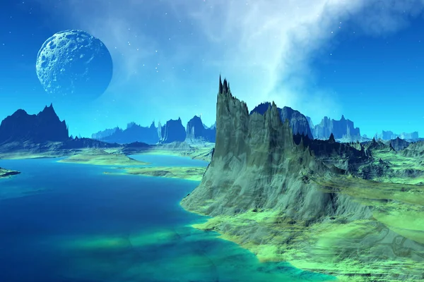 Alien Planet. Mountain and  water. 3D rendering