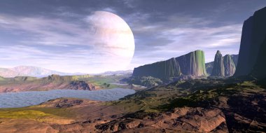 Uzaylı Gezegeni. Dağ ve göl. 3d render 