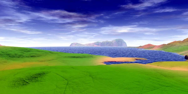 Planeta Extraterrestre. Montaña y lago. Renderizado 3D — Foto de Stock